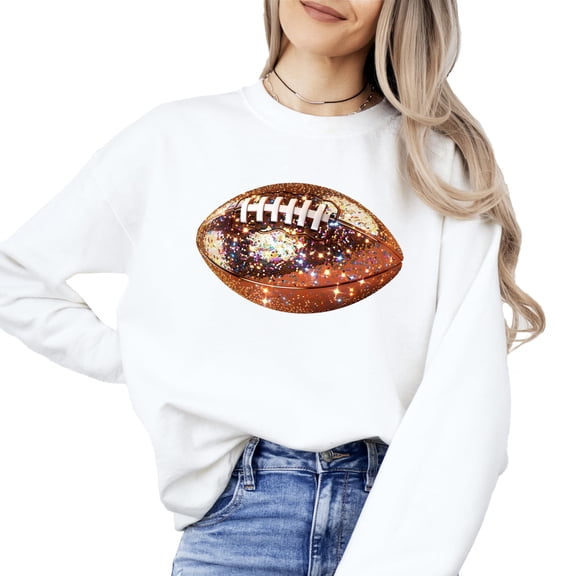Glitter Football Sweatshirt for Women and Teens Cute Girly Football Season Game Day Pullover White Sweatshirt Adult X-Large