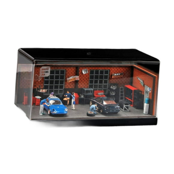 1/64 汽车维修场景模型微观拍摄仿真道具立体防尘展示盒 DIY 1/64 修理车间( 2 人偶+维修配件)
