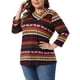 thumbnail image 4 of Blusa casual de mujer de talla grande Agnes Orinda, con mangas 3/4, de punto, a rayas, con cuello asimétrico, camiseta de moda 1X en burdeos y marrón, 4 of 6
