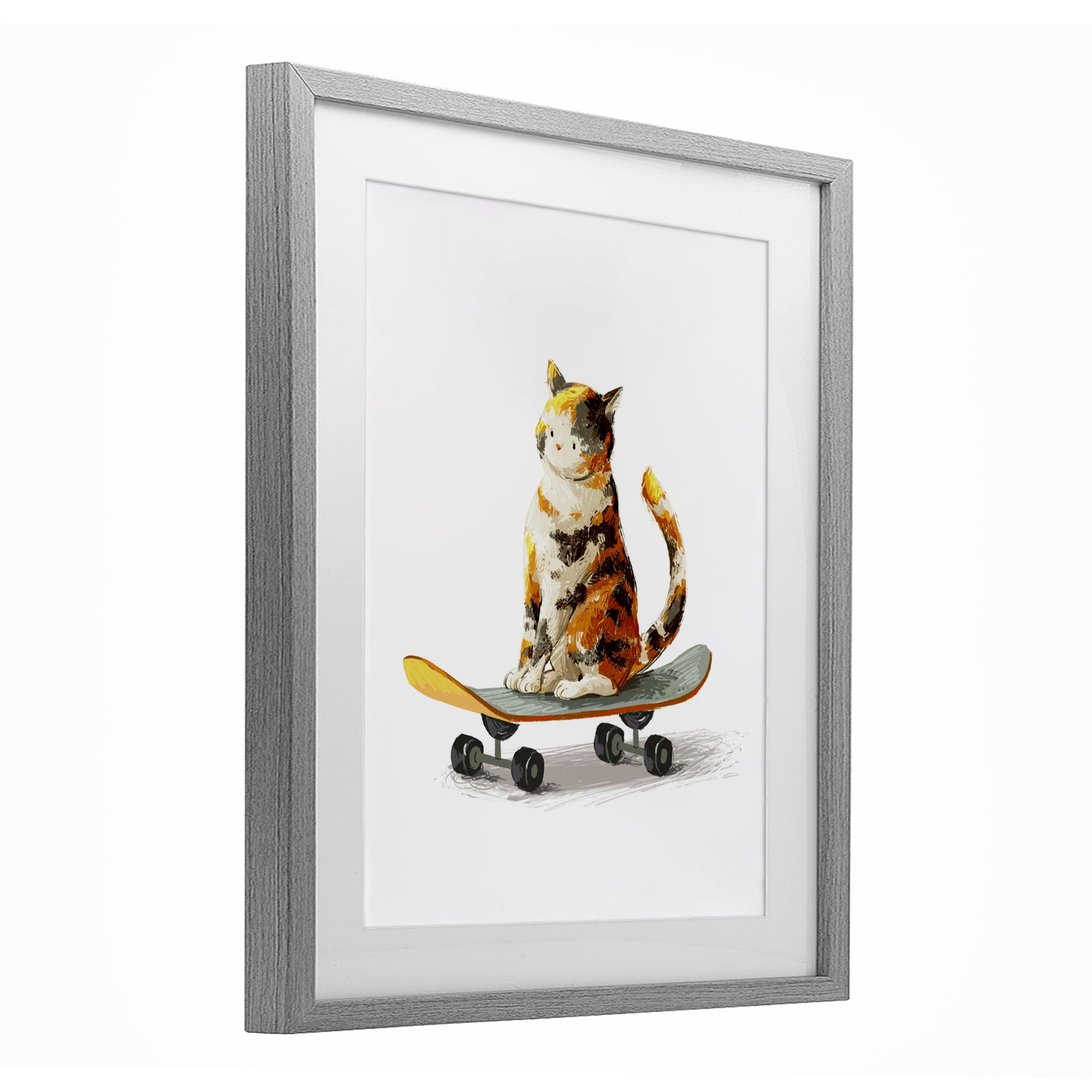 Stupell Industries Calico Cat on a Skateboard Gray Framed Print Under Glass, design by Ziwei Li