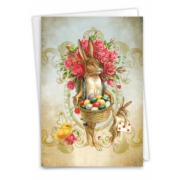 NobleWorks Easter Paper Card with 5 x 7 Inch Envelope (1 Card) Vintage Chicks Bunnies C9164IEAG