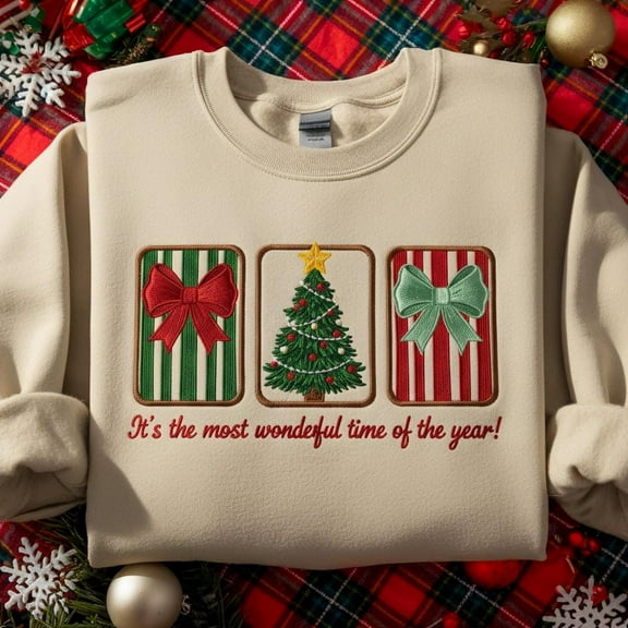 EMBROIDERED Preppy Bow Christmas Sweatshirt, Retro It's The Most Wonderful Time Of The Year Shirt, Christmas Coquette Bow Tree Shirt