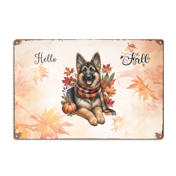 Hello Fall German Shepherd Scarf Welcome Autumn with Leaves Pumpkins Horizontal Metal Aluminum Sign Alsatian Dog Lover Gifts Wall Art Home Decor - 00011