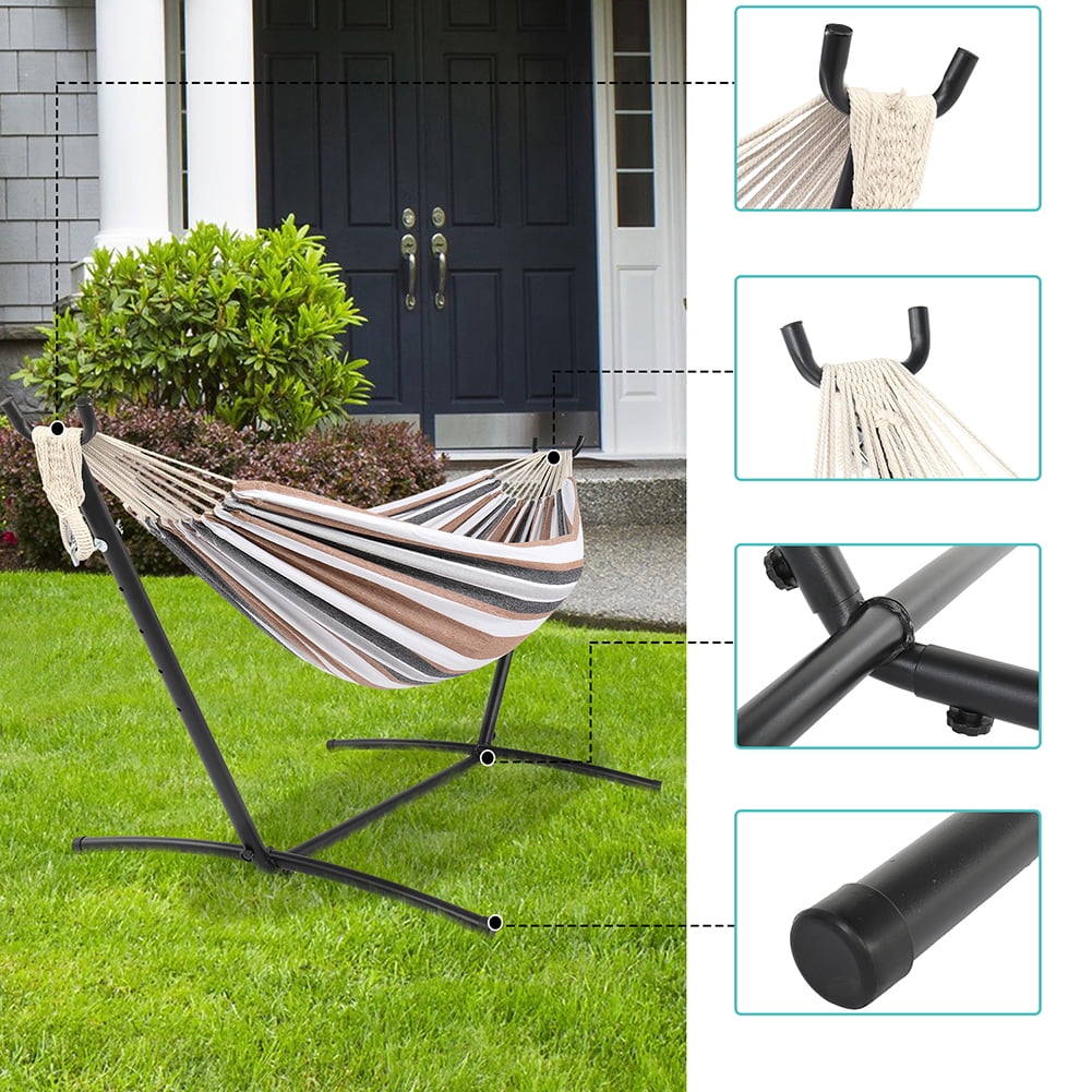 Private Jungle 9ft Steel Pipe Hammock Frame with Cotton Hammock, Natural Rope Iron Hammock Set For Garden, Outdoor, Coffee Private Jungle 9ft Steel Pipe Hammock Frame with Cotton Hammock, Natural Rope Iron Hammock Set For Garden, Outdoor, Coffee
