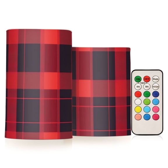 Red-black Plaid Flickering Flameless Candles LED Tealight Battery Operated with Remote Set of 2 Holiday Decor Ornaments