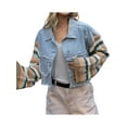 thumbnail image 4 of Seyurigaoka Women Denim Coat Button-Down Crop Tops Spring Autumn Contrast Color Striped Pattern Jackets Long Sleeve Turn-Down Collar Pockets Outwear, 4 of 8