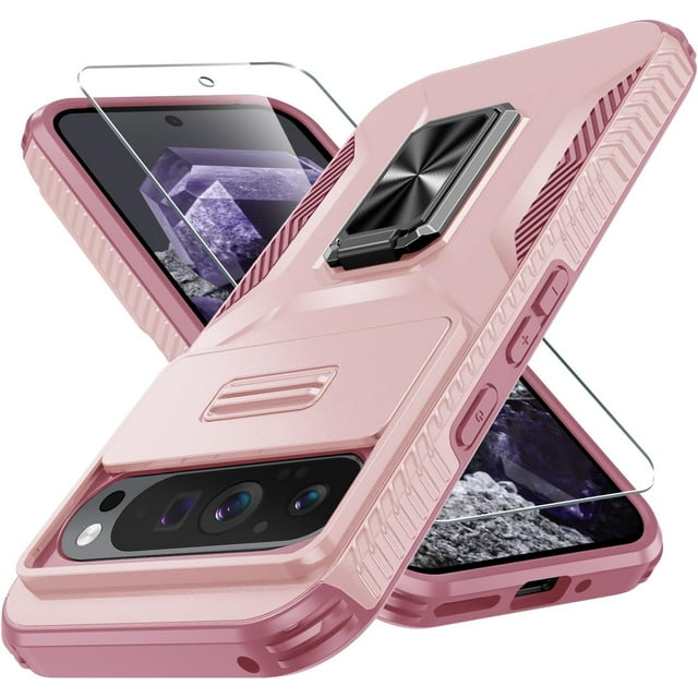 KOMI for Google Pixel 9/9 Pro Case with Tempered Glass Screen Protector and Camera Lens Cover,Rotated Ring Stable Kickstand,Heavy Duty Shockproof Protective Phone Cover-Pink