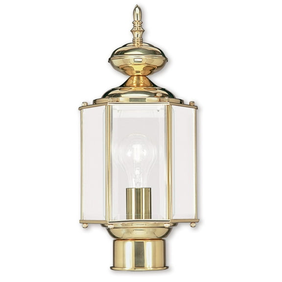 1 Light Polished Brass Outdoor Post Lantern Pendant Lighting Fixture with Clear Beveled Glass Shade backed with Solid Brass material for patio, front porch, entryway and more