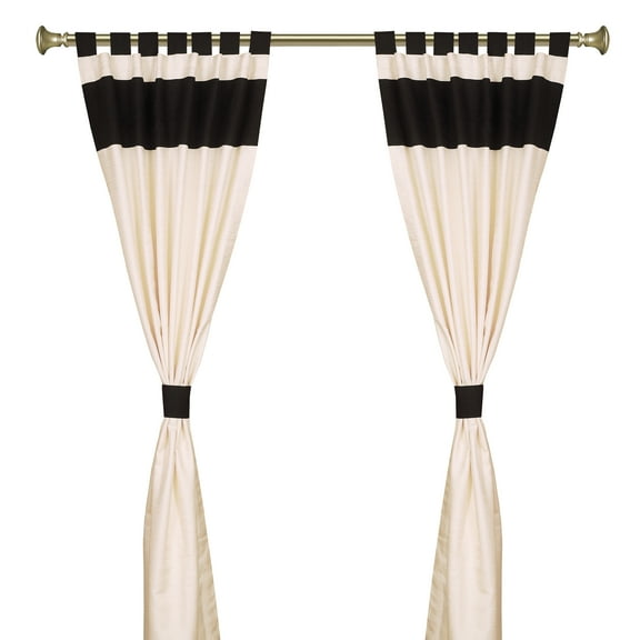 Cream  Black Tab Top Raw Silk Curtain (43 in. x 63 in.) With Tieback -Pair