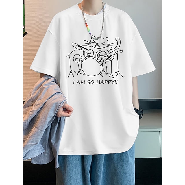 Men's 100% Cotton Cat Playing Drum Graphic Print T-shirt, Casual Short Sleeve Crew Neck Tee, Men's Clothing For Summer Outdoor, Casual Sporty Tee, Summer Gifts