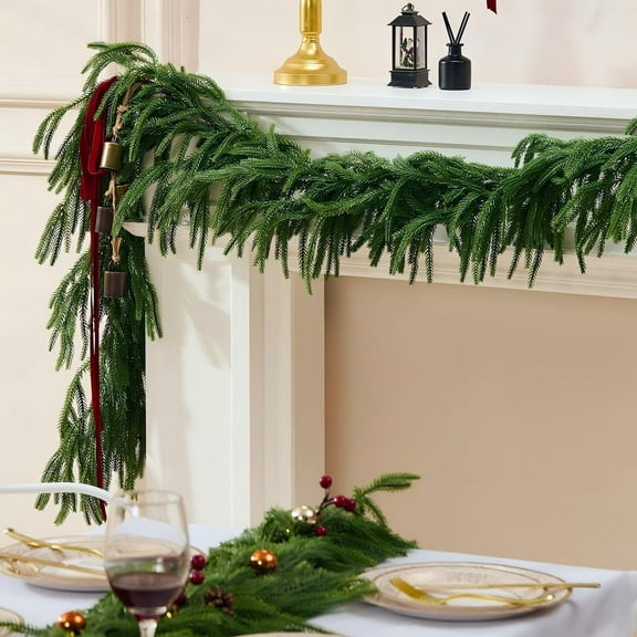 Guvpev 9FT Artificial Norfolk Pine Garland, Real Touch Greenery Christmas Garland for Fireplace Mantel, Staircase, Door Frame, Front Door, Holiday Indoor Outdoor Christmas Décor