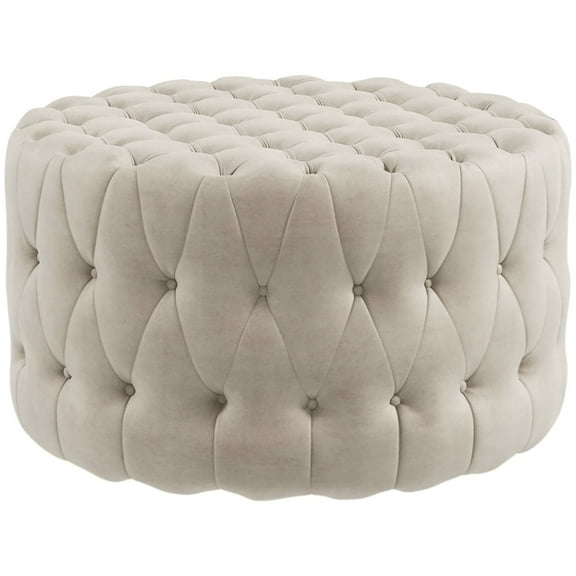 Newboti 31.5" Round Ottoman, Large Velvet-Feel Upholstered Foot Stool with Button Tufted Design and Padded Seat for Living Room, Entryway, Beige 276439447809822
