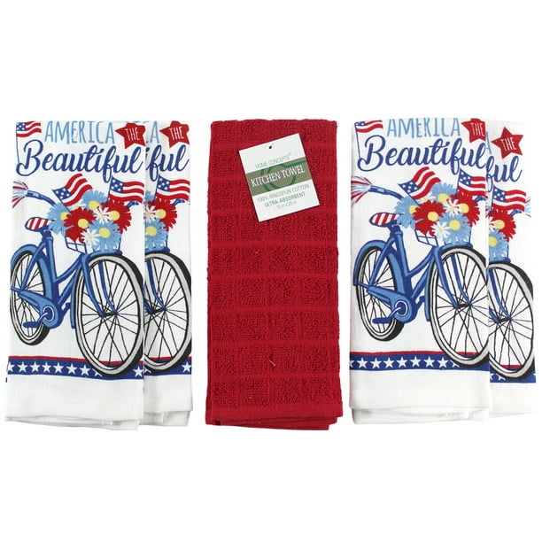 Seasonal Kitchen Dish Towel Sets Fun Patriotic Decorated Bicycle