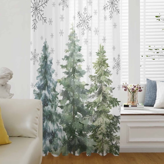 Green Christmas Tree Semi Sheer Curtains Drapes for Living Room, Bedroom, French Doors Window 54 Inches Long, Xmas Tree Grey Snowflake Rod Pocket Chiffon Curtain Drapery Voile Draperies Panel