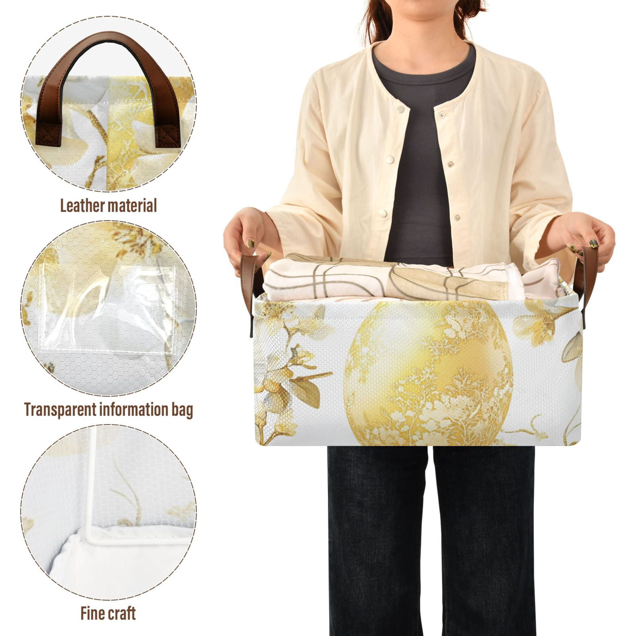 Gold Easter Eggs Flowers Storage Bins with Handles Foldable Storage Baskets for Shelves Organizer Cloth Baskets