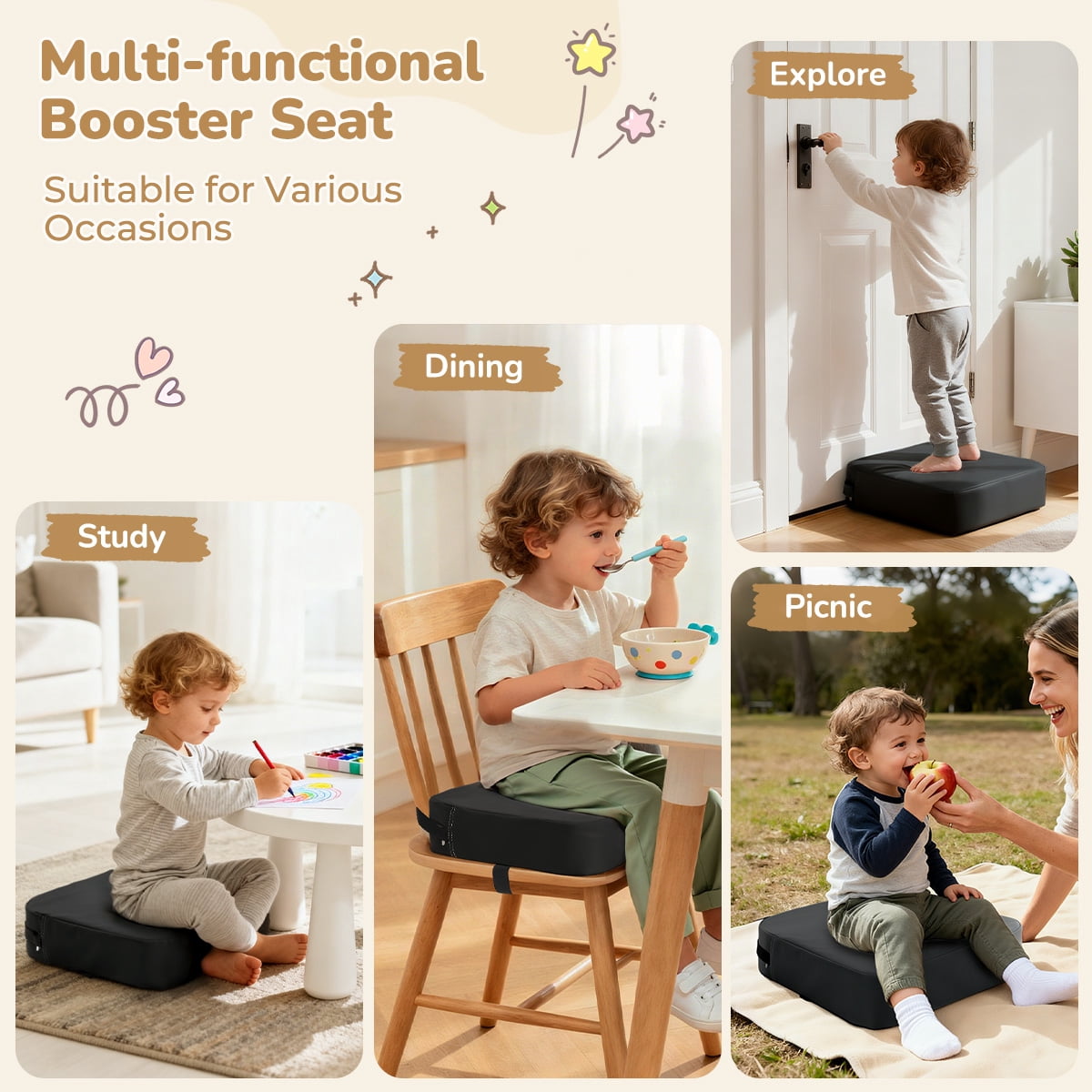 Toddler Booster Seat for Dining Table, Caveen Waterproof Booster Seat for Kitchen Chair, with Adjustable Straps, Portable Increasing Cushion at Home or Going Out, Non-Slip, Black