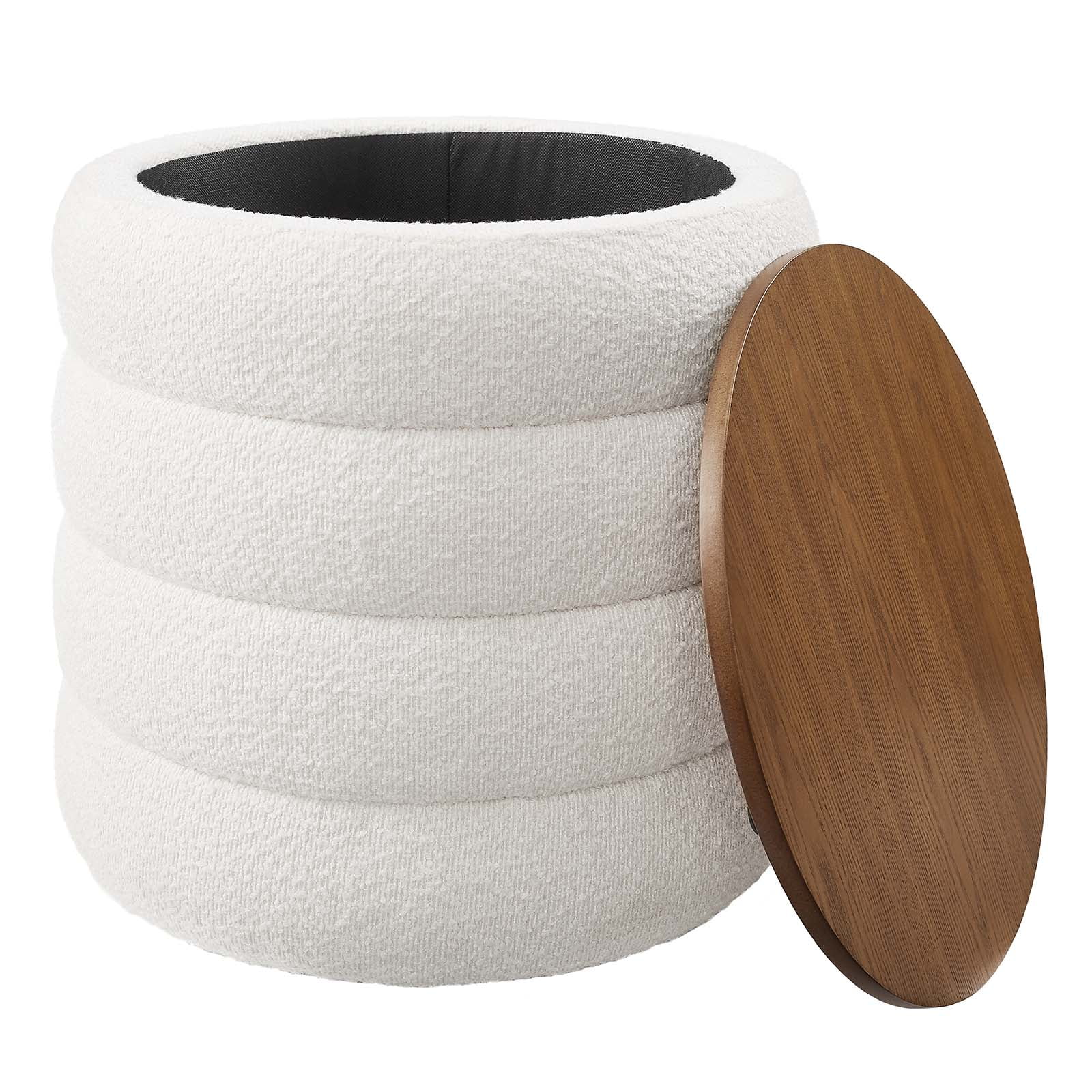 Mezzo Round Boucle Fabric Storage Ottoman in Cloud