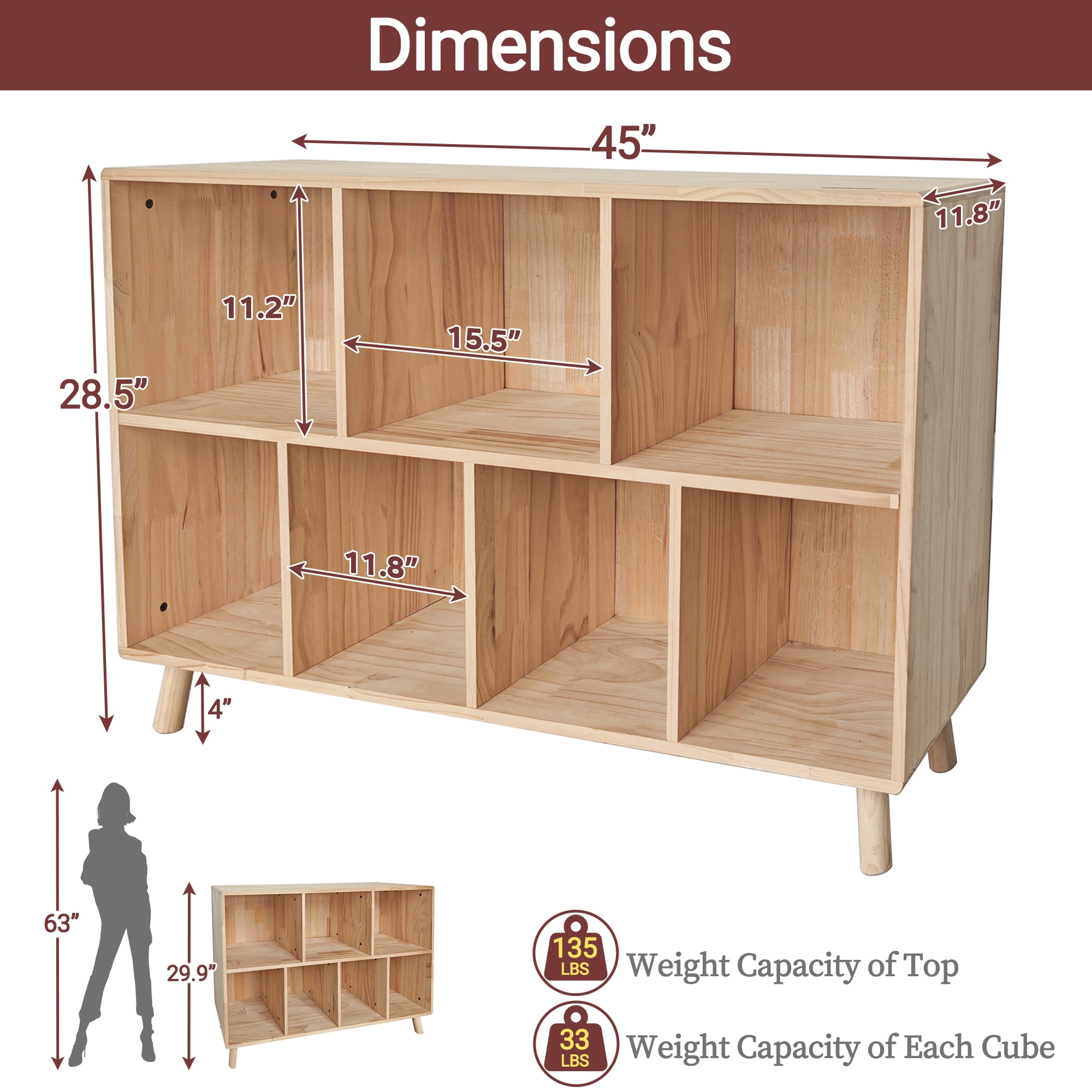 Pine Wood 7 Cube Bookshelf, 45.0"L x 28.5" H Storage Organizer for Books/Toys/Home, Modern Wooden Bookcase for Home/Office