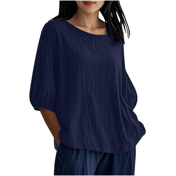 cocolona Plus Size Tops for Women Crew Neck 3/4 Sleeve T-shirts Fashion Casual Loose Solid Color Blouses
