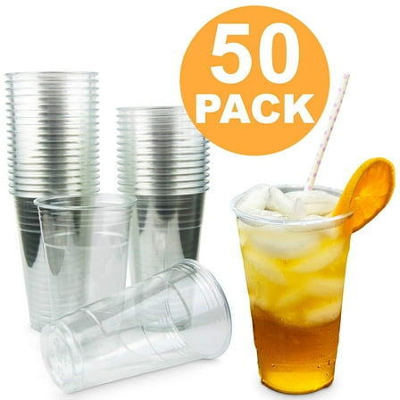 [50 Pack] 24 oz BPA Free Clear Plastic Cup - Iced Cold Drink Coffee Tea Juice Smoothie Bubble Boba Frappucino, Disposable, Extra Large Size, No Lid