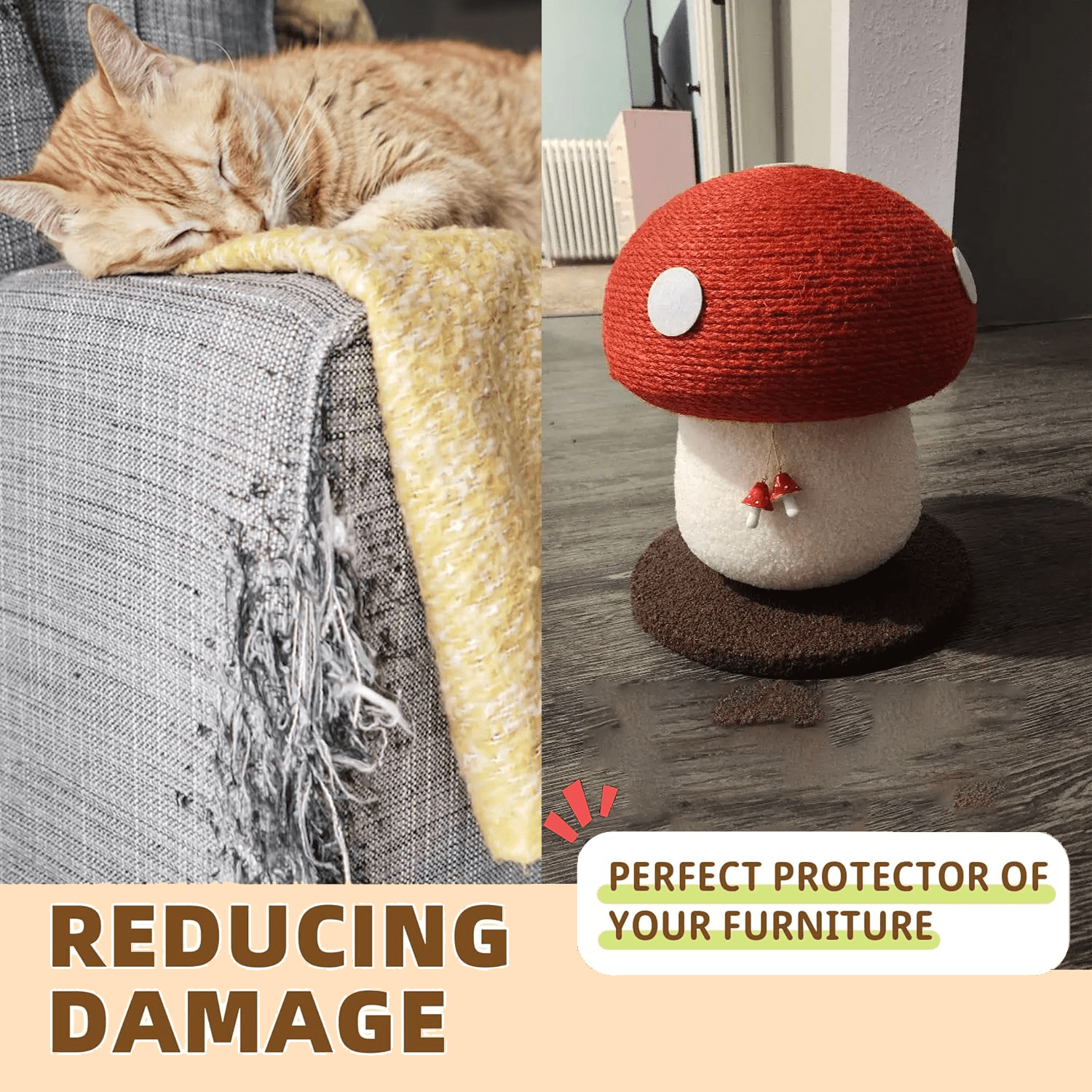 Cute Mushroom Cat Scratching Post, Durable Sisal Rope Cat Scratcher for Indoor Cats & Kittens, No Assembly Cat Tree with Hanging Toy, Cat Scratching Board for Claw Care & Furniture Protection