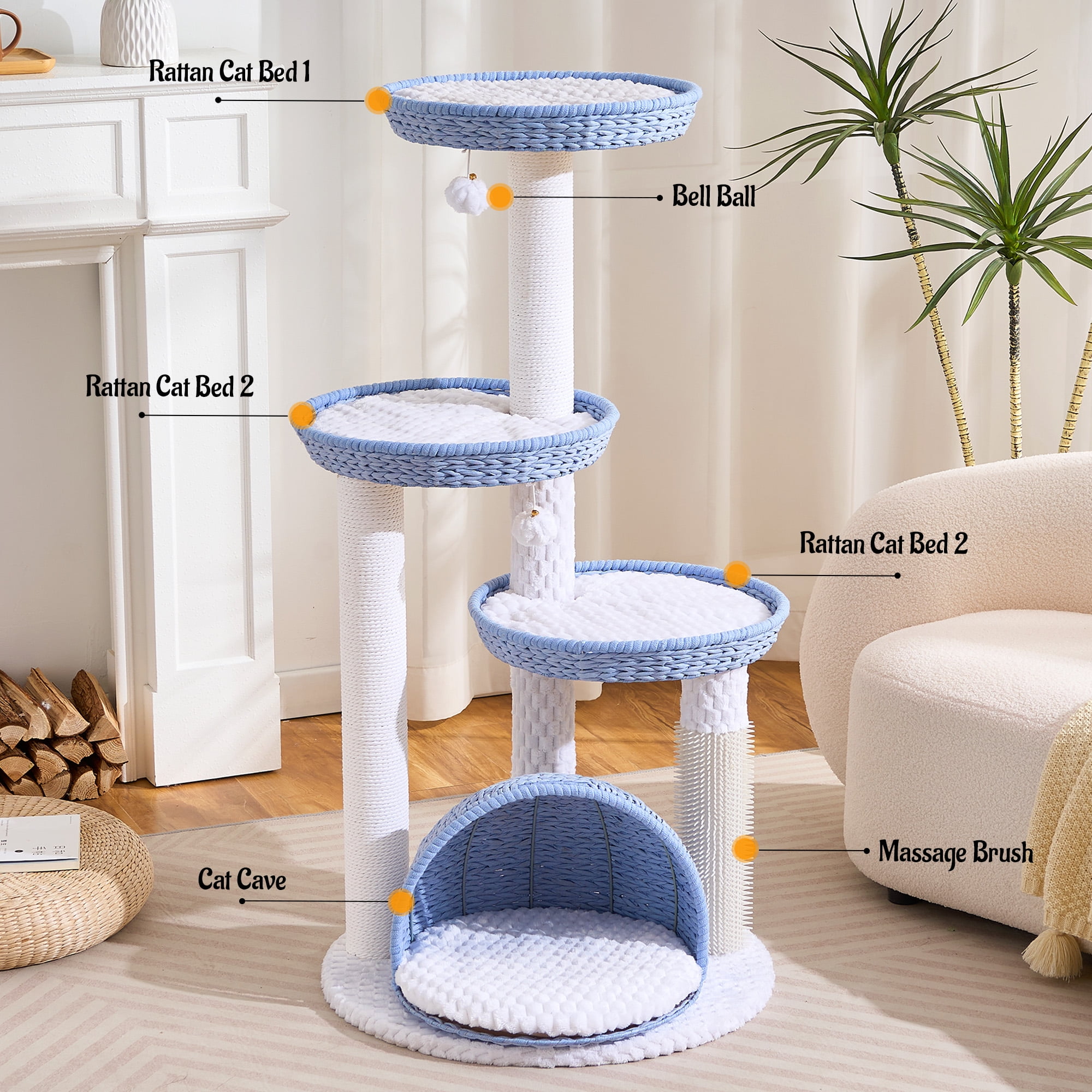 HITTITE Modern Cat Tree Tower with Scratching Post, 46 Inches Tall Cat Towers with Woven Cat Nests and Cave, Removable Cushions and Massage Brush for Indoor Cats Large Adult.