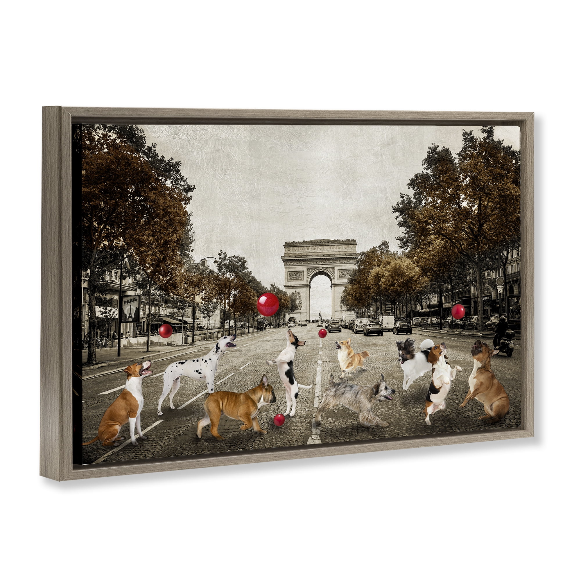 Stupell Industries Dogs Playing Among Architecture Animals & Insects Painting Brown Floater Framed Canvas Art Print Wall Art, 31 x 21