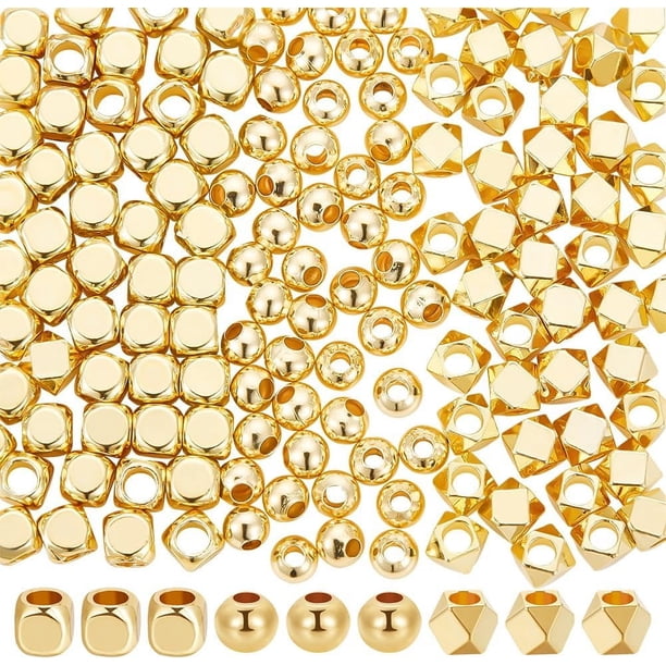 1 caja de 150 cuentas cúbicas tibetanas de 3 estilos, chapadas en oro de 18 quilates, con forma de cubo geométrico, redondas y doradas, para hacer pulseras, collares, joyas y manualidades.