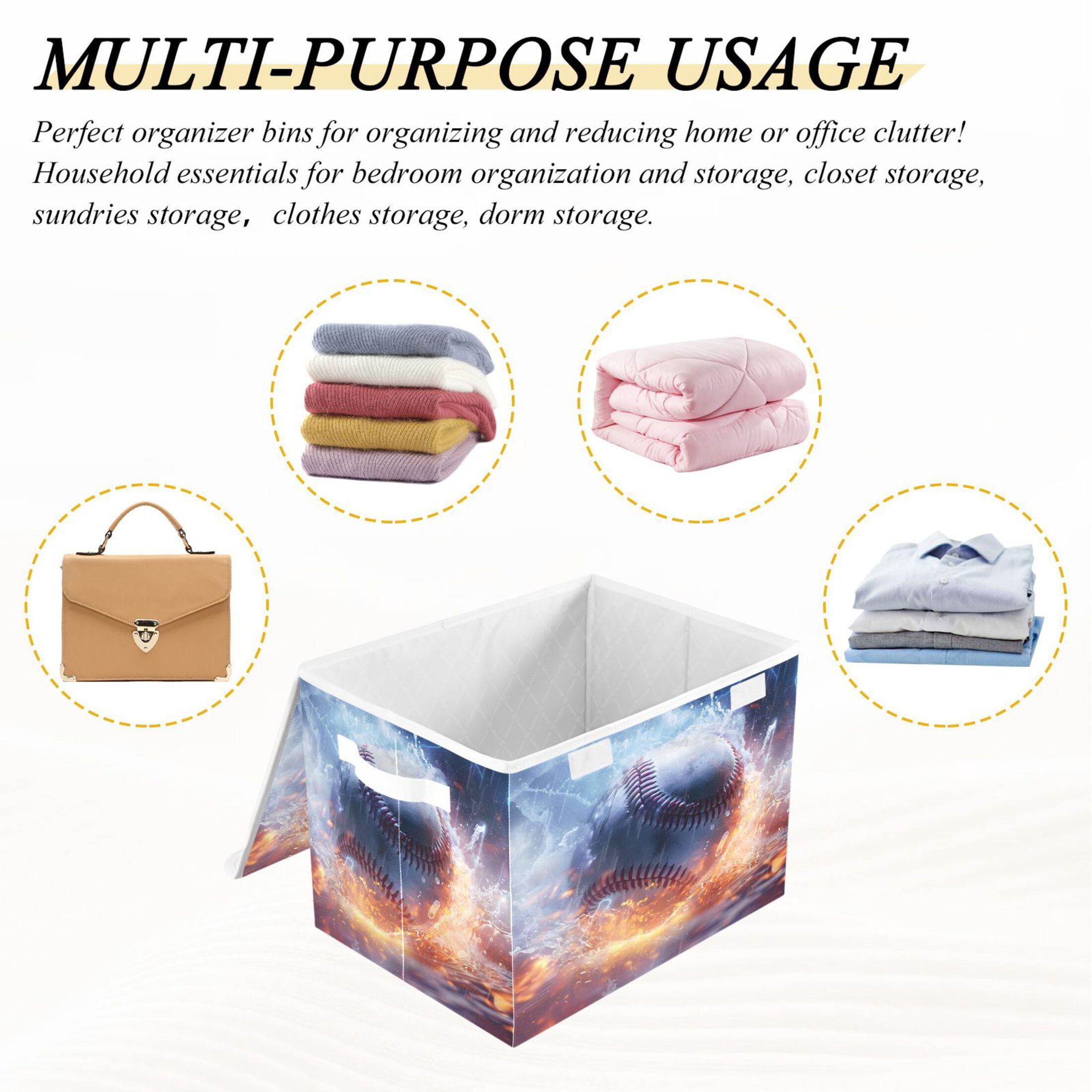 Ryvnso Baseball on Fire Large Lidded Foldable Storage Baskets Cubes Boxes Lids Bin for Home