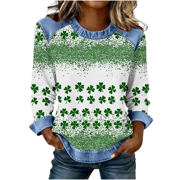 Fewfanhot Womens Long Sleeve Tops St Patrick's Shirts Clover Bow Shirt Shamrock Irish Tee Funny Clover Graphic Long Sleeve Tops