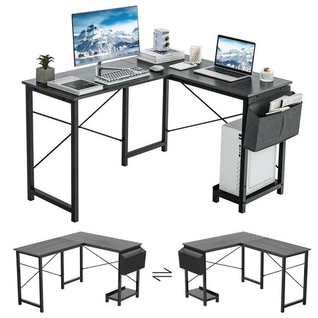 Patiojoy Bureau d'Ordinateur en L Réversible pour Bureau à Domicile avec Sac de Rangement Latéral et Support pour Hôte, Bureau d'Angle en Métal pour Étude et Écriture