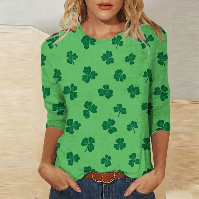 Ounisa T-Shirt pour Femmes à Manches 3/4 Col Ras du Cou Chandail Imprimé de la Saint-Patrick Coupe Ample Décontracté Mode Polyvalent Hauts P-3TG