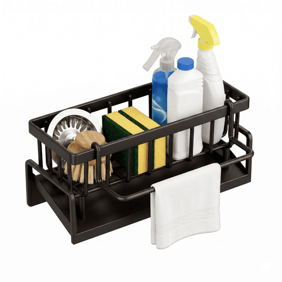Kitchen Sink Caddy Organizer with Auto-Draining Tray | Sponge & Brush Holder | Towel Hanging Rod | 1-Piece White or Gray Plastic Sink Organizer for Counter