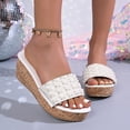 thumbnail image 2 of Rokment Women's Sparkly Sequin Pearl Platform Wedge Dressy Slip On Sandals Bridal Bling Elegant Platform Chunky Heeled Dress Slides for Bride Wedding Summer White Size 8, 2 of 7