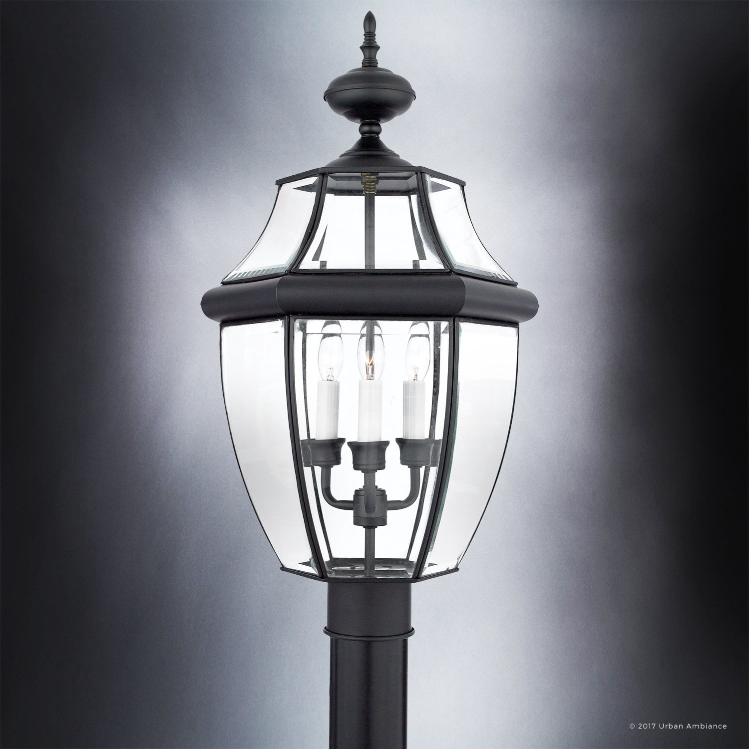 Urban Ambiance Luxury Colonial Outdoor Post Light, Large Size: 23"H x 12.5"W, with Tudor Style Elements, Versatile Design, High-End Black Silk Finish and Beveled Glass, UQL1150