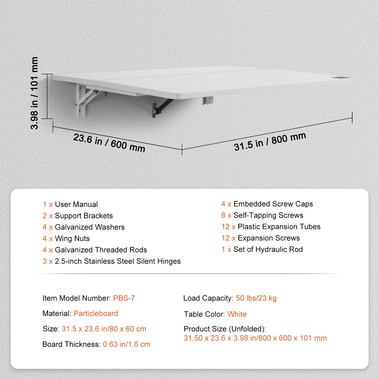 KFFKFF Wall-Hanging Foldable Desk, 31.5" x 19.69" Space-Saving Drop-Leaf Table, Floating Workstation with Metal Support, Versatile Fold-Up Desk for Compact Areas, Ideal for Home Office, Kitchen