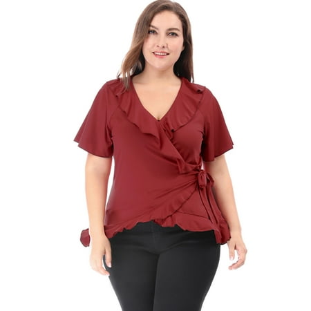 Ruffle Neck Wrap - Unique Bargains Women's Plus Size Ruffled V Neck Trumpet Sleeves Wrap Blouse