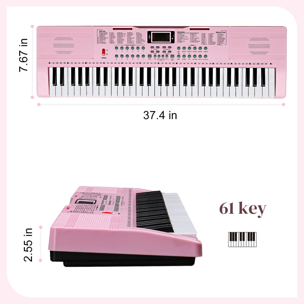 61-Key Portable Electric Keyboard Piano with Built-In Speakers, LED Screen, Headphones, Microphone, Piano Stand, Music Sheet, Including Stand and Stool (Pink)