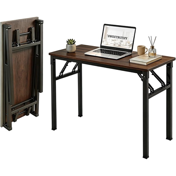 Folding Desk, 39 Inch Foldable Computer Table No Assembly Required | Black Walnut Small Desk for Home Office,Space-Saving Table for Bedroom, Dorm, RV