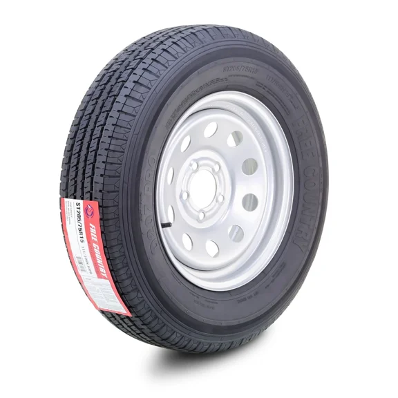 FREE COUNTRY Trailer Tire Wheel Assembly ST205/75R15 10-Ply E 110M Heavy Duty 2400lbs w/ 5 Lug on 4.5" PCD Silver Mod Rim