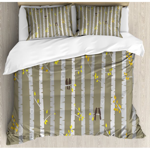 Aspen Tree Duvet Cover Set Queen Size, Birch Autumn Leaves Artsy Woods