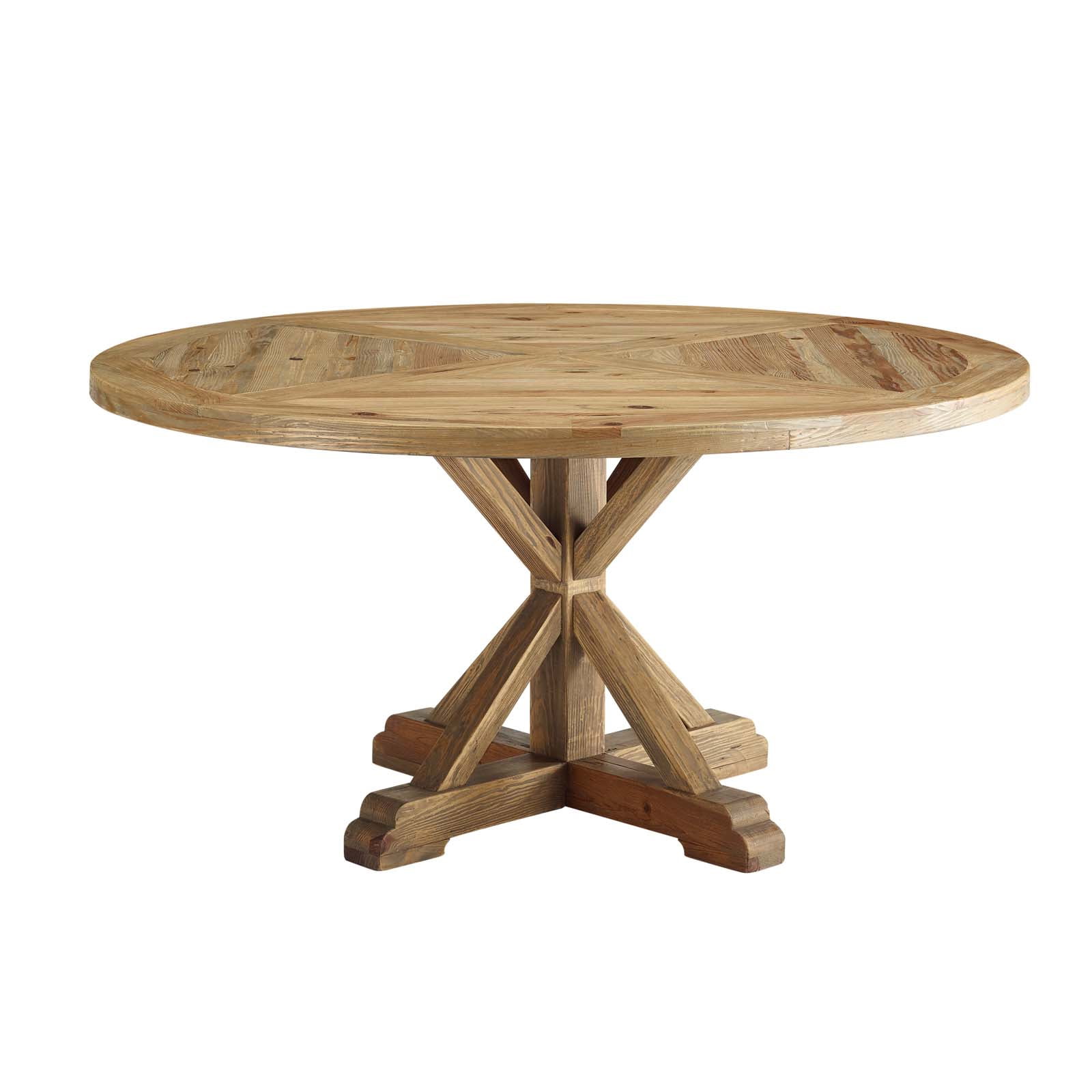 59" Round Pine Wood Dining Table with Carved Pedestal Base, Brown