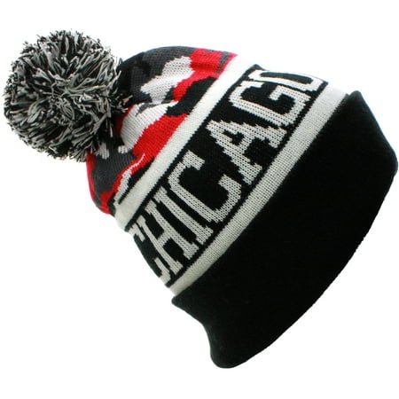 - American Cities USA Sports City State Cuff Cable Knit Pom Pom Beanie Hat Cap - Camo