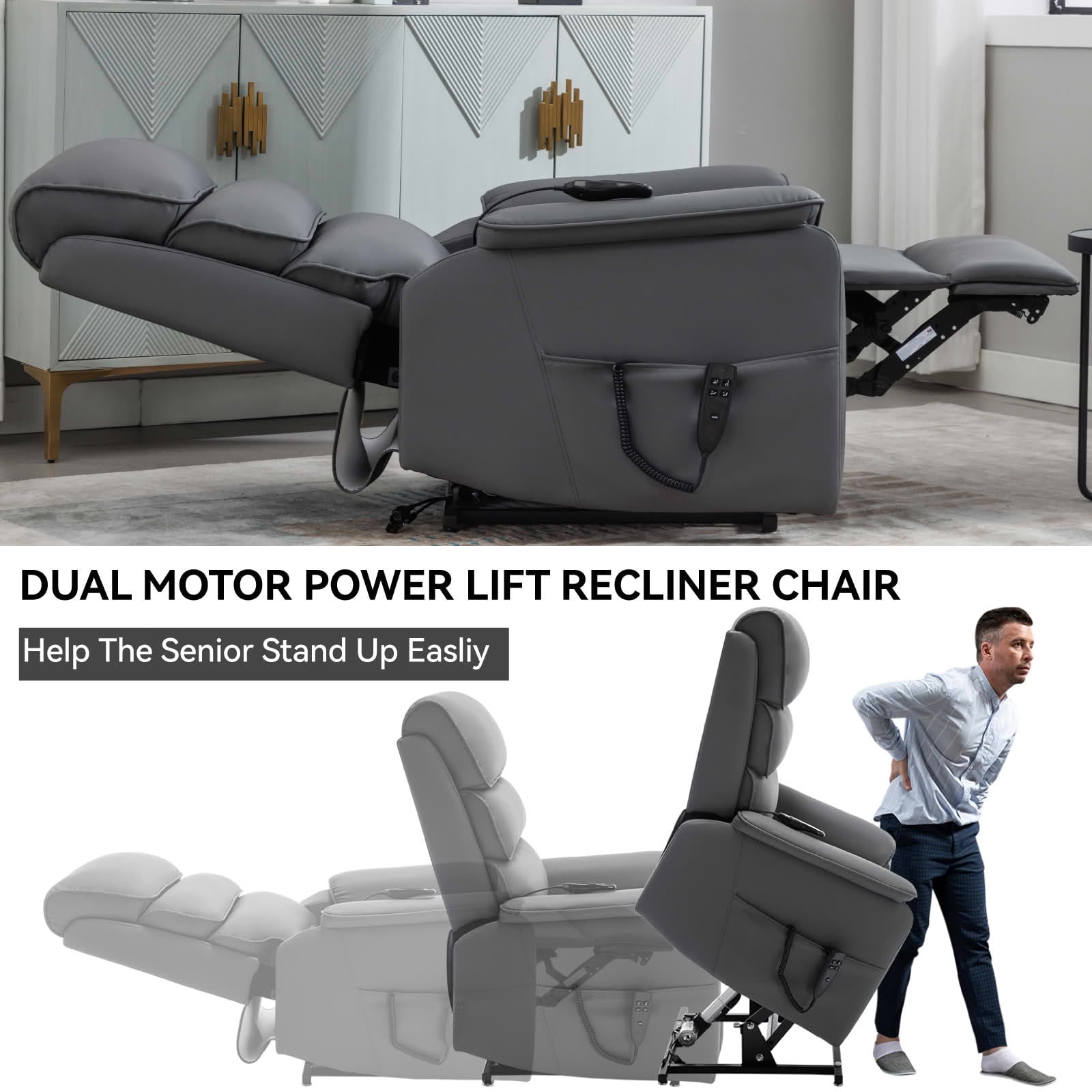 MAYEERTY Grey Cat-Proof Leather Dual Motor Power Lift Recliner, 350lbs Infinite Position Massage Heat 37"x37"x45"