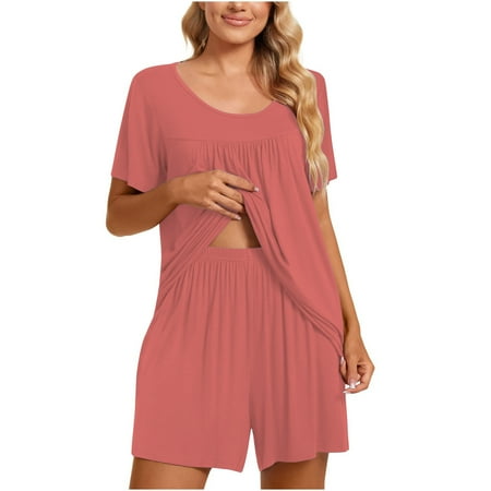 

ShomPort Lounge Set for Women 2 Piece Outfits Short Sleeve V Neck Pleated Pjs Sleepwear Soft Matching Set