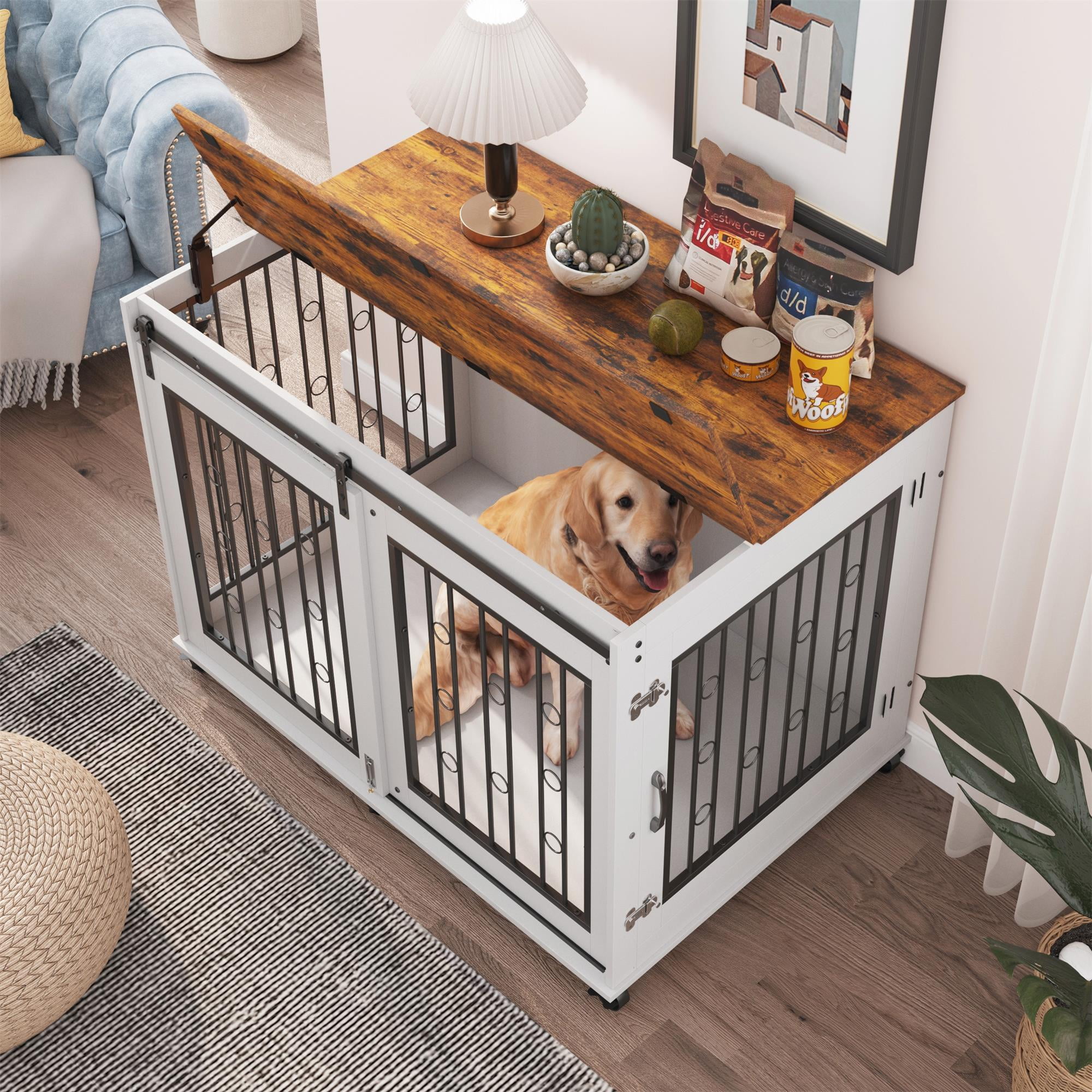 Pefilos 44" Sliding Door Dog Crate with Drawers, Furniture Style Double Door Dog Cage, Brown Countertop Indoor Kennel, White Pefilos 44" Sliding Door Dog Crate with Drawers, Furniture Style Double Door Dog Cage, Brown Countertop Indoor Kennel, White