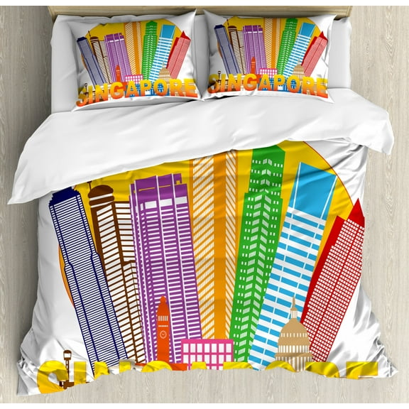 Singapore Duvet Cover Set King Size, Colorful Skyline Design with Big Typography Famous Destination Tourist Attraction, Decorative 3 Piece Bedding Set with 2 Pillow Shams, Multicolor, by Ambesonne