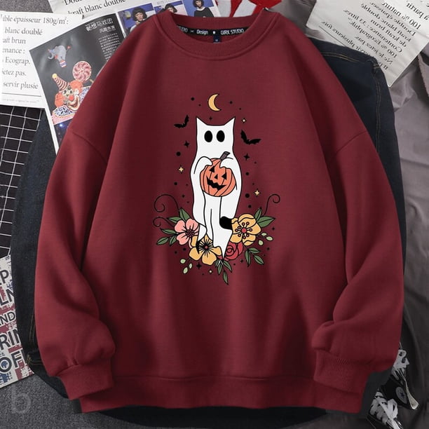 Sudadera con capucha de manga larga para mujer, suéter con estampado de gato escalofriante y Pumkin, con cuello redondo, para Halloween y otoño