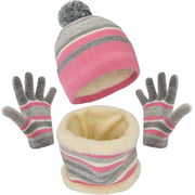 Kid's Winter Hat Scarf Gloves Set Warm Knit Beanie Cap and Circle Scarf with Fleece Lining for Kids Children Girls Pink,3 Pcs