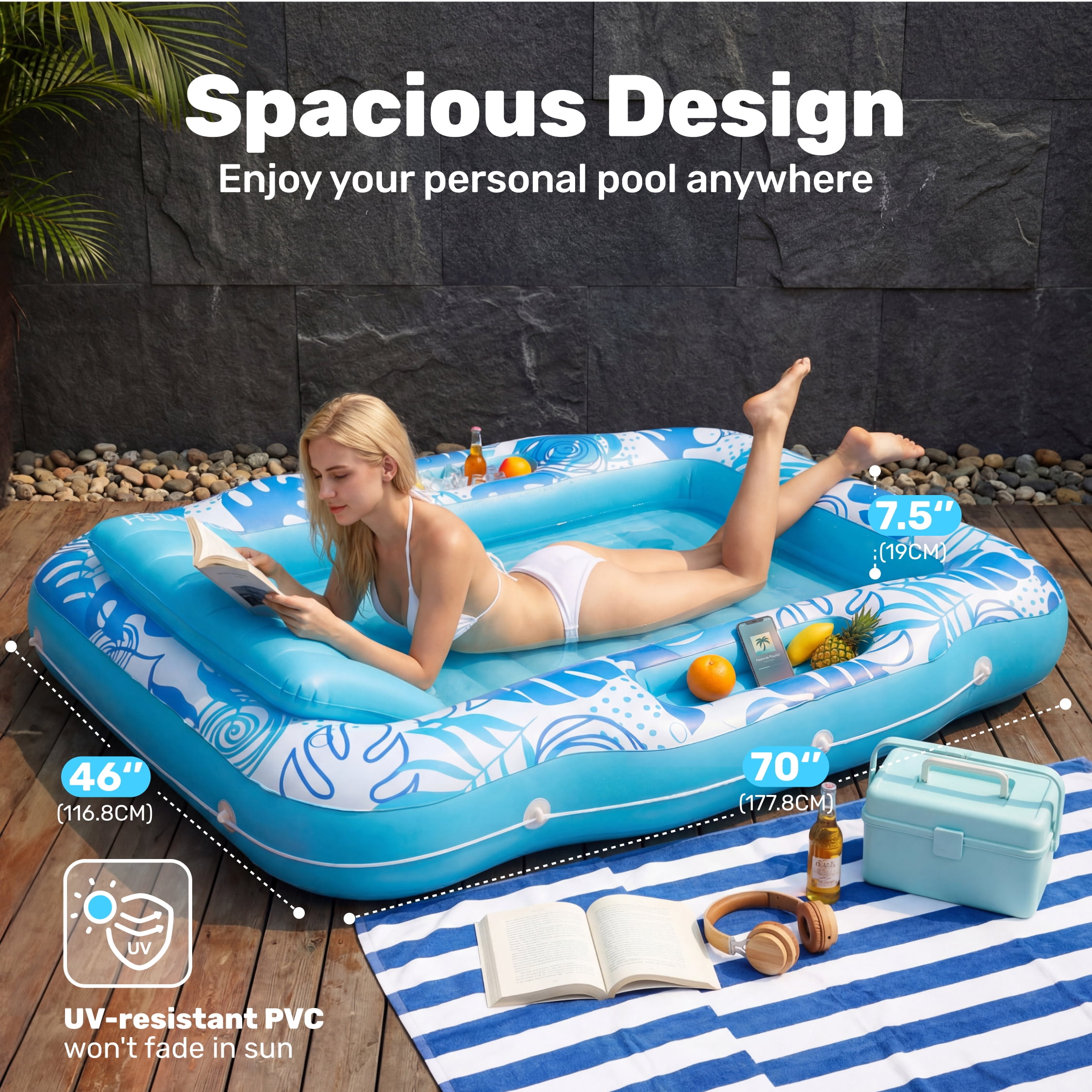 SLOOSH Inflatable Tanning Pool Lounger Float with Cooler, 70" x 46" Large Suntan Sun Tan tub for Adults, Tanning chair, Bed Blow up, Raft Lounge Floatie